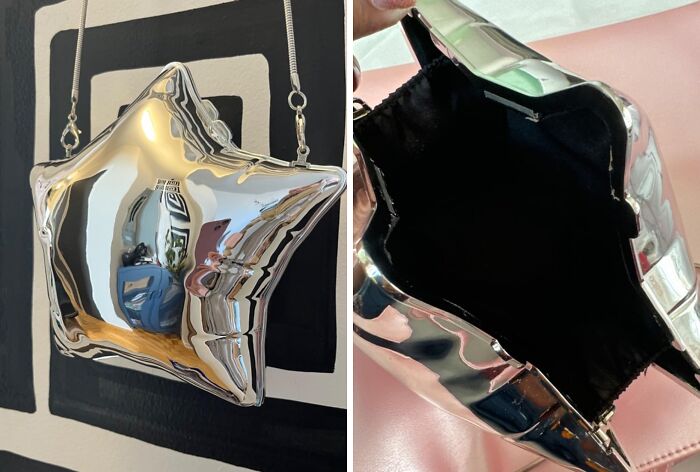 A shiny star-shaped handbag with a chain strap, open to show its black interior, testing self-control with modern design appeal.