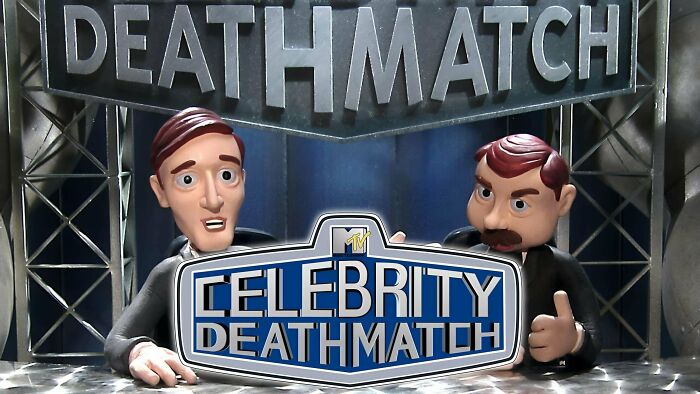 Claymation hosts at a Celebrity Deathmatch set, evoking nostalgic 90s TV animation and pop culture.