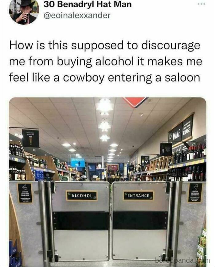 Store entrance with swinging doors labeled "Alcohol Entrance," humorously likened to a saloon from random internet posts.