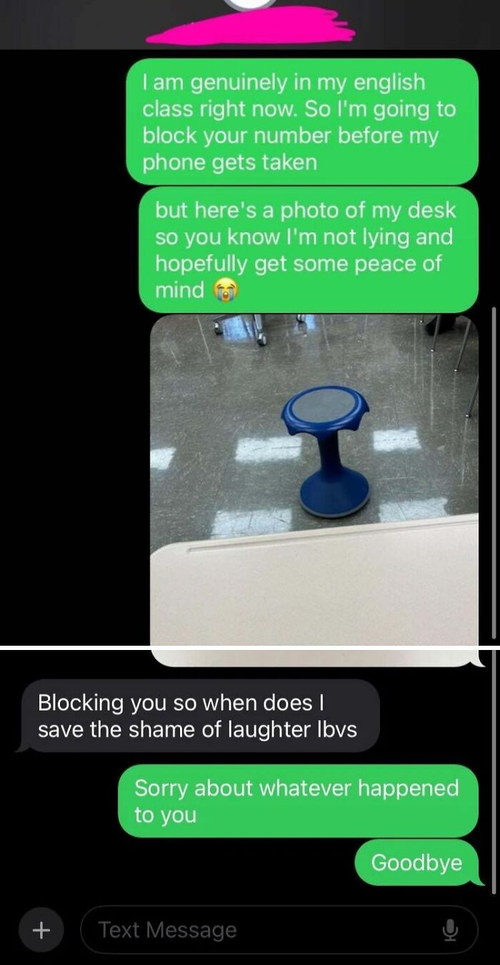 Text exchange showing a funny wrong-number message about blocking someone during an English class, with a desk photo.