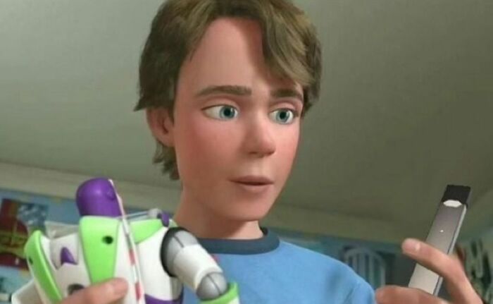 Animated character holding a toy and a vape, expressing curiosity. Weirdness captured in digital art.