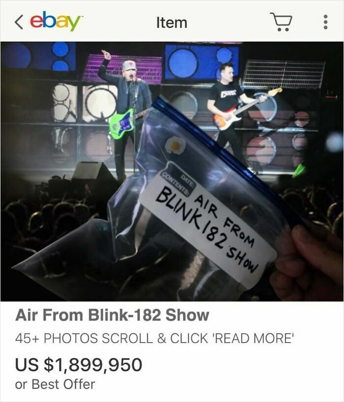 Bag of air from a Blink-182 show listed on eBay for nearly $1.9 million, showcasing weirdness in online posts.
