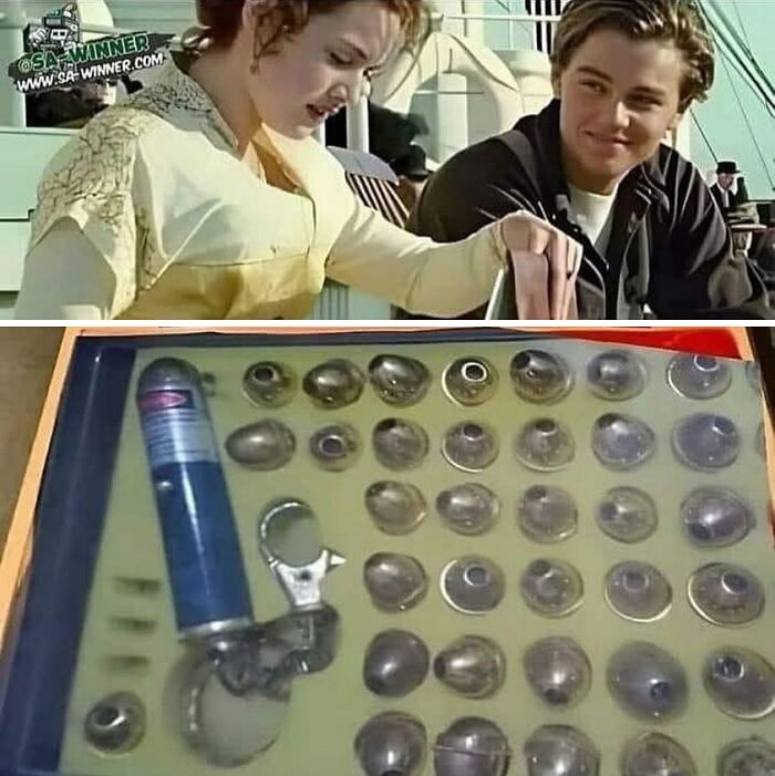 Two images: a scene of a couple talking on a ship; a set of various metal nozzles displayed. Highlights weirdness.