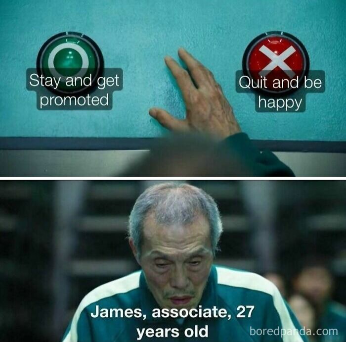 Work-related humor meme of a choice between staying for promotion or quitting for happiness.