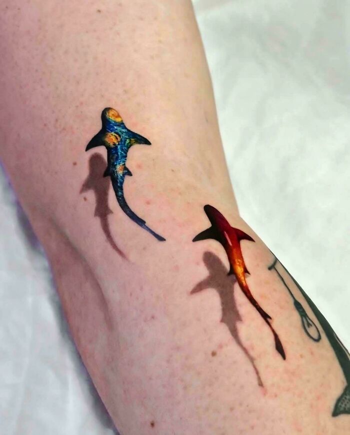 Amazing photos: colorful 3D shark tattoos on forearm casting realistic shadows