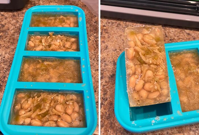 Homemade frozen bean bars in a blue silicone mold, showcasing a cheapskate's creative money-saving strategy.