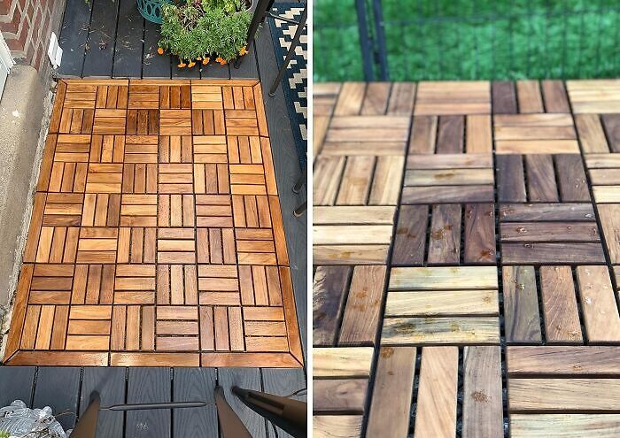 Wooden deck tiles arranged in a pattern, showcasing a budget-friendly renovation idea.