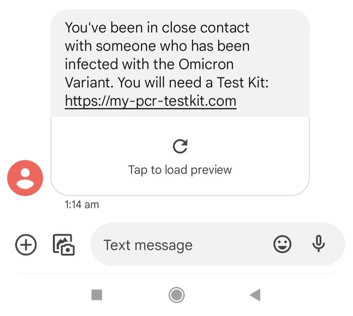 Text message scam warning of Omicron contact, includes suspicious link for a test kit.