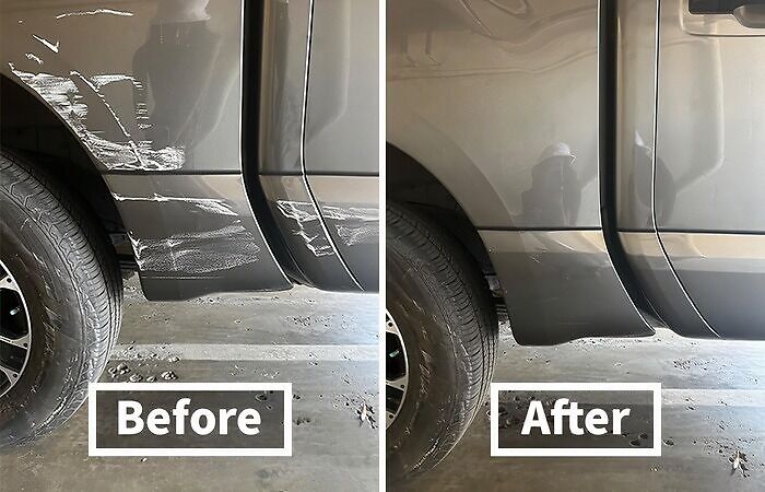 Truck with scratches before and after repair, showcasing a cost-effective cheapskate solution.