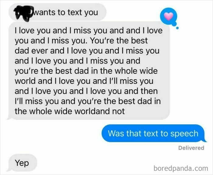 Text message from a child expressing love and missing their dad, showing that being a dad is rewarding.