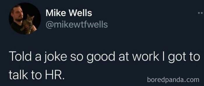 Work-related humor meme: "Told a joke so good at work I got to talk to HR," by Mike Wells on social media.