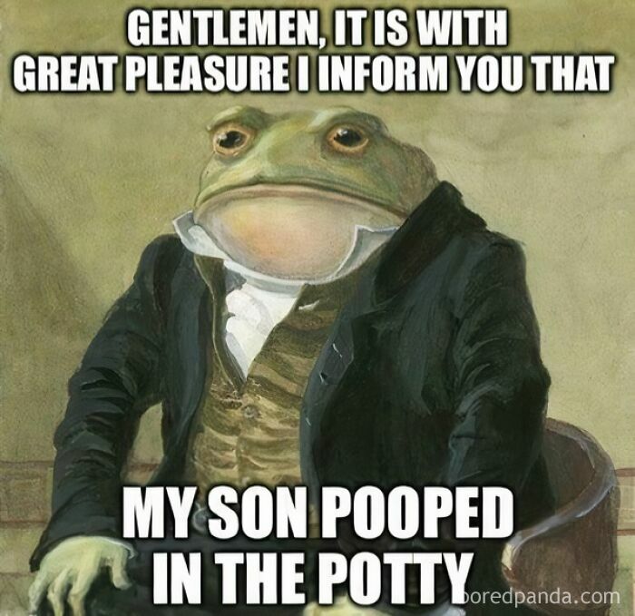 A frog in a suit humorously talks about his son using the potty, highlighting rewarding dad moments.