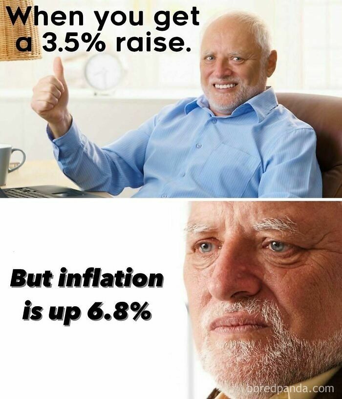 Elderly man reacts humorously to a raise in a meme about work-related humor and inflation.