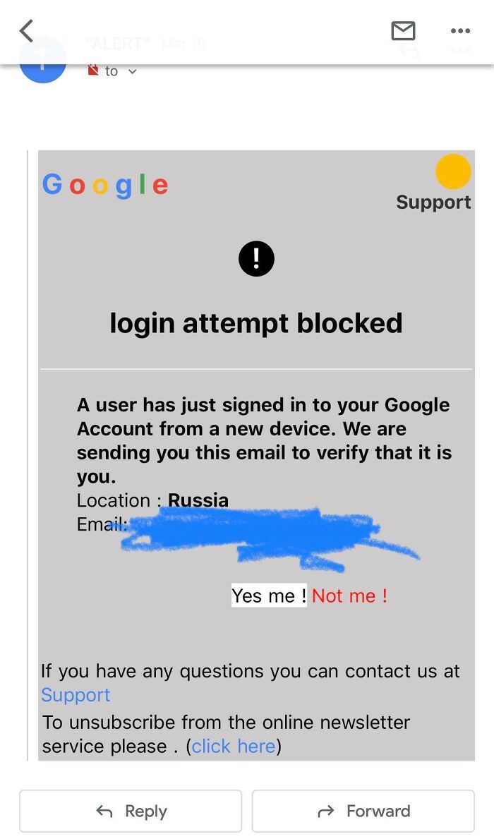 Fake Google login attempt scam email alert, portraying a blocked sign-in from Russia.