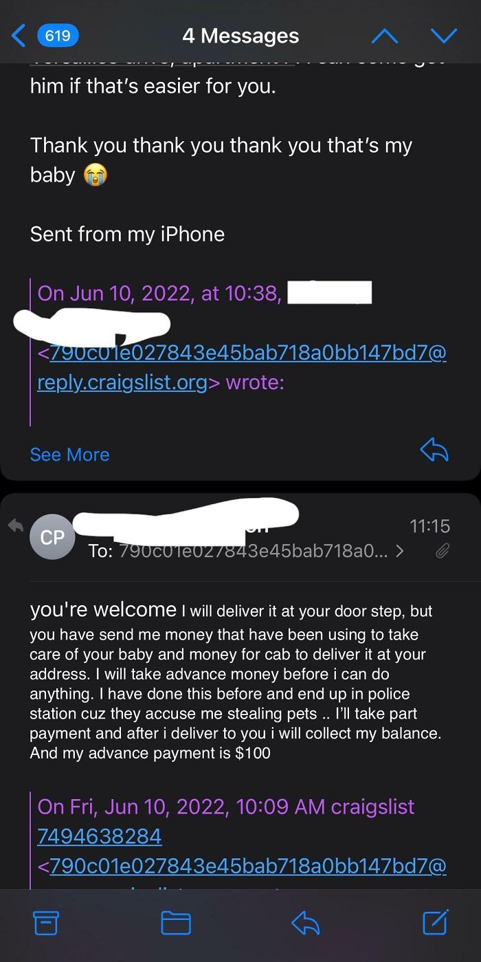 Email exchange showing a potential scam attempt via Craigslist, discussing advance payment and delivery.