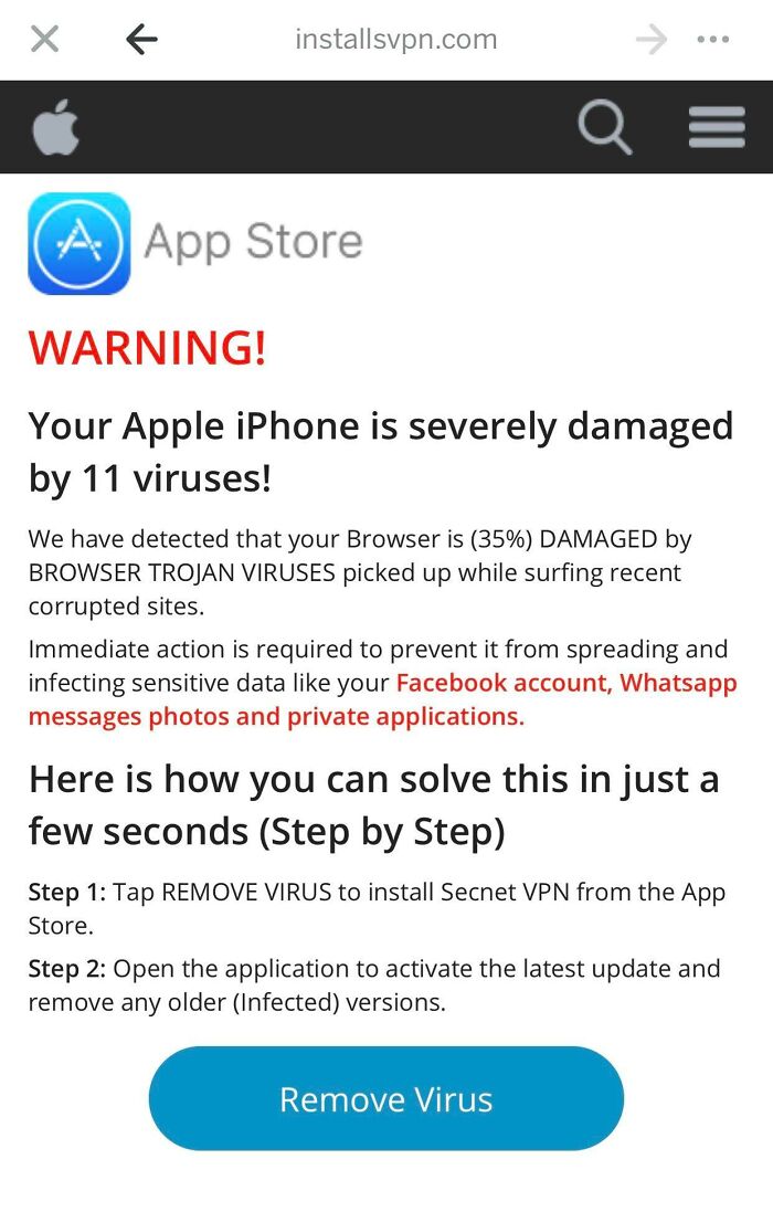 Fake virus warning on a webpage, seemingly from App Store, urging quick action to remove alleged threats.