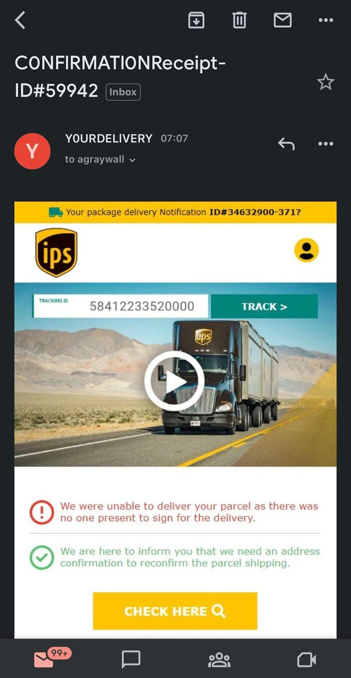 "Fake delivery notification email with truck image, resembling shameless scams targeting your intelligence."