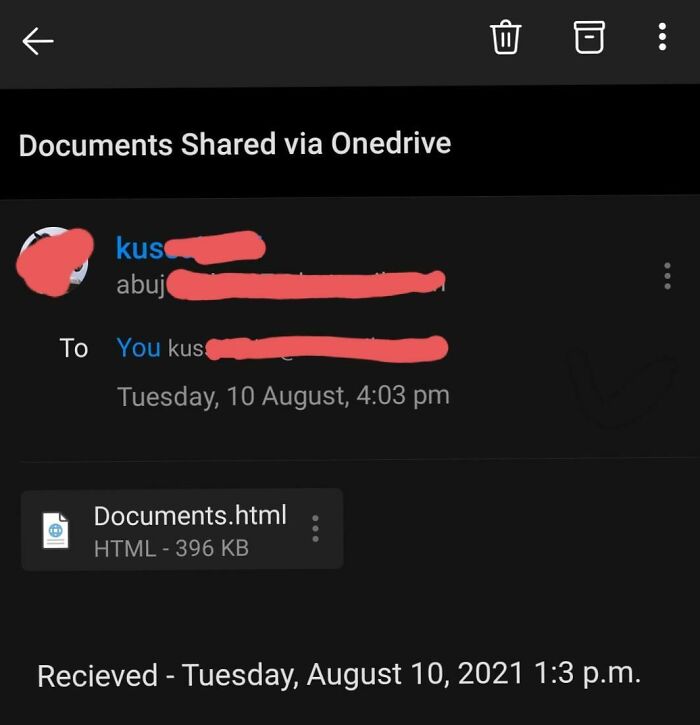 Email screenshot showing a file shared via OneDrive, illustrating shameless scams.
