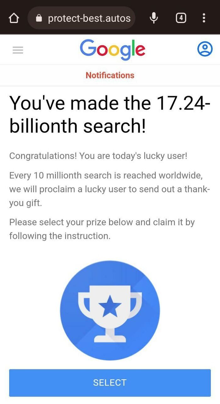 Scam notification claiming a 17.24-billionth Google search win with a prize selection button.
