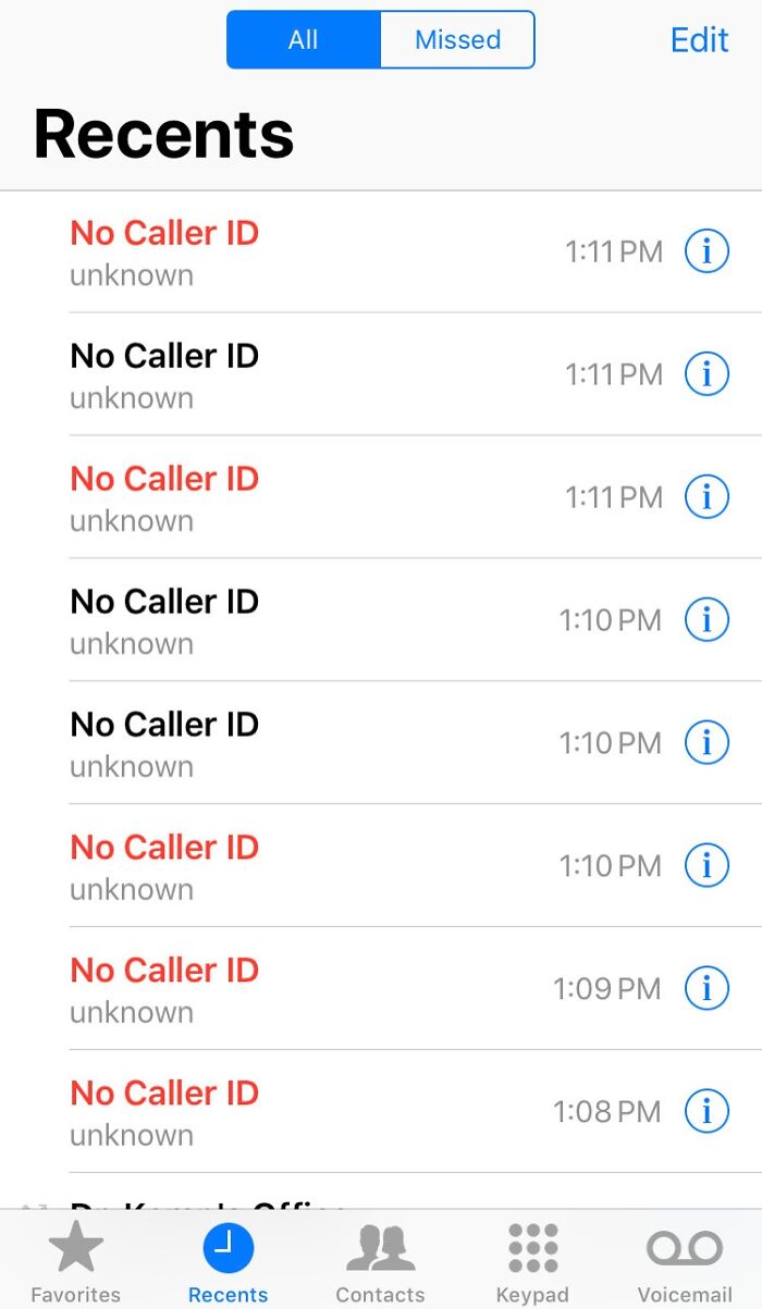 "Phone screen displaying multiple 'No Caller ID' entries, representing shameless scams targeting users."