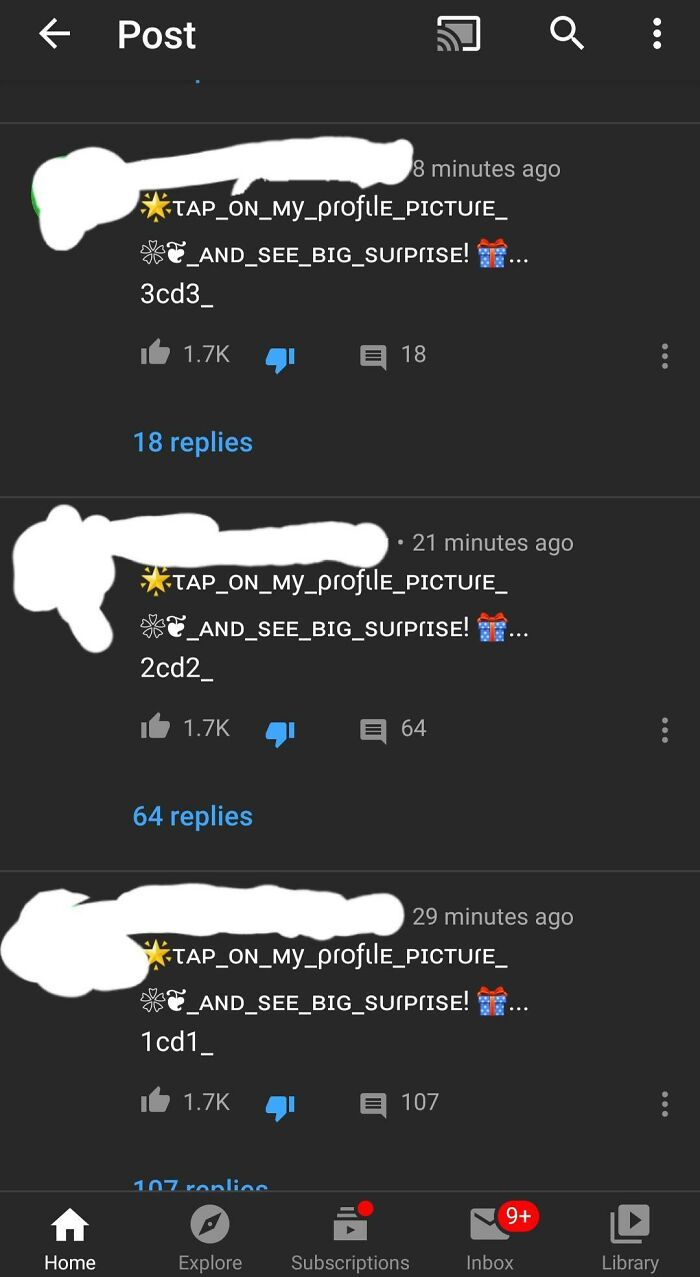 YouTube comments urging users to click profile pictures, a potential scam targeting users' intelligence.