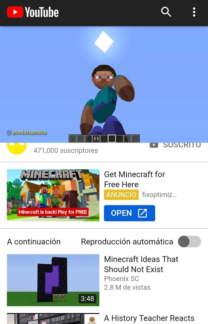 Minecraft scam ad promoting a free download on YouTube, possibly misleading.