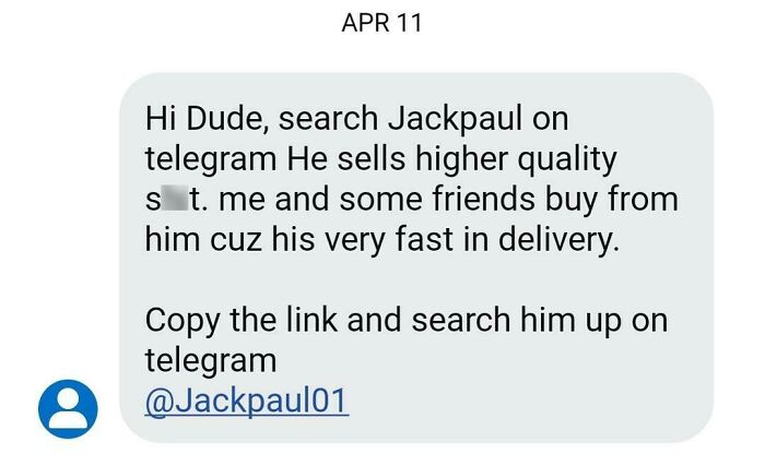 Telegram message promoting a scam for high-quality products with quick delivery.