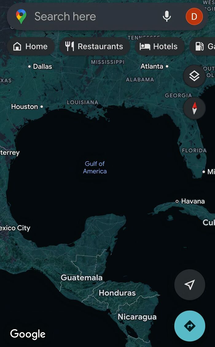 Map showing the "Gulf of America" instead of the Gulf of Mexico, highlighting an unseeable photo.
