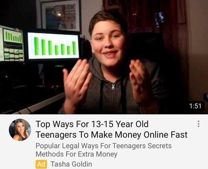 Teenager discussing seemingly shameless scams for making money online, with charts displayed on monitors in the background.
