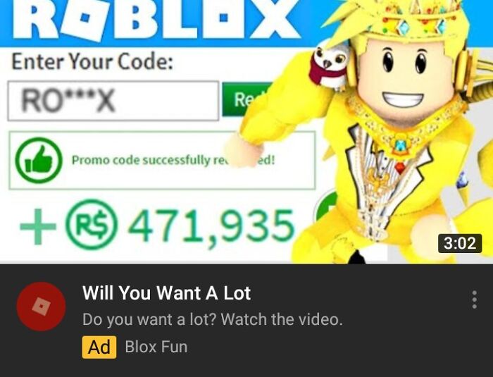 "Colorful cartoon avatar promoting a Roblox code, suggesting potential shameless scams."