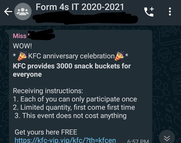 Text message scam offering free KFC snack buckets, highlighting shameless scam tactics.