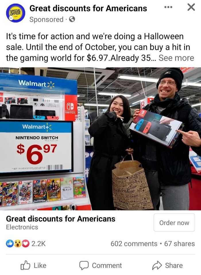 People holding a Nintendo Switch in front of Walmart display, showcasing a suspicious $6.97 deal.