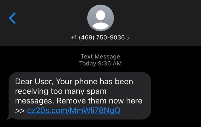 Text message scam claiming too many spam messages, urging user to click link.
