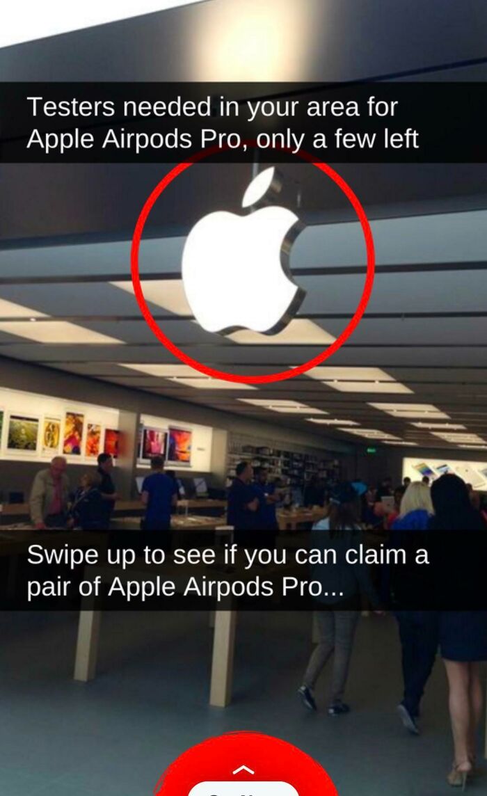 Apple store with scam offer on AirPods Pro testing, red circle highlighting a deceptive promotion.