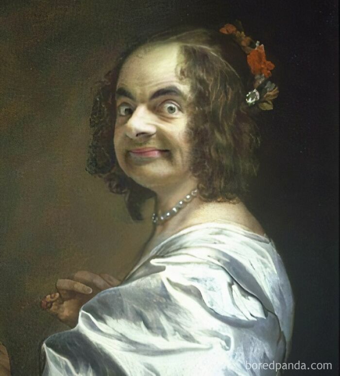 Retrato humorístico pintado de una dama con expresión cómica y vestido blanco, imagen para arruinarte el día.