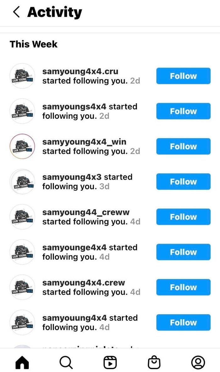 Multiple Instagram accounts with similar names following a user, showcasing potential scams targeting intelligence.