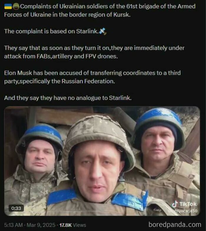 Three soldiers in helmets, discussing complaints about Starlink in a video frame.