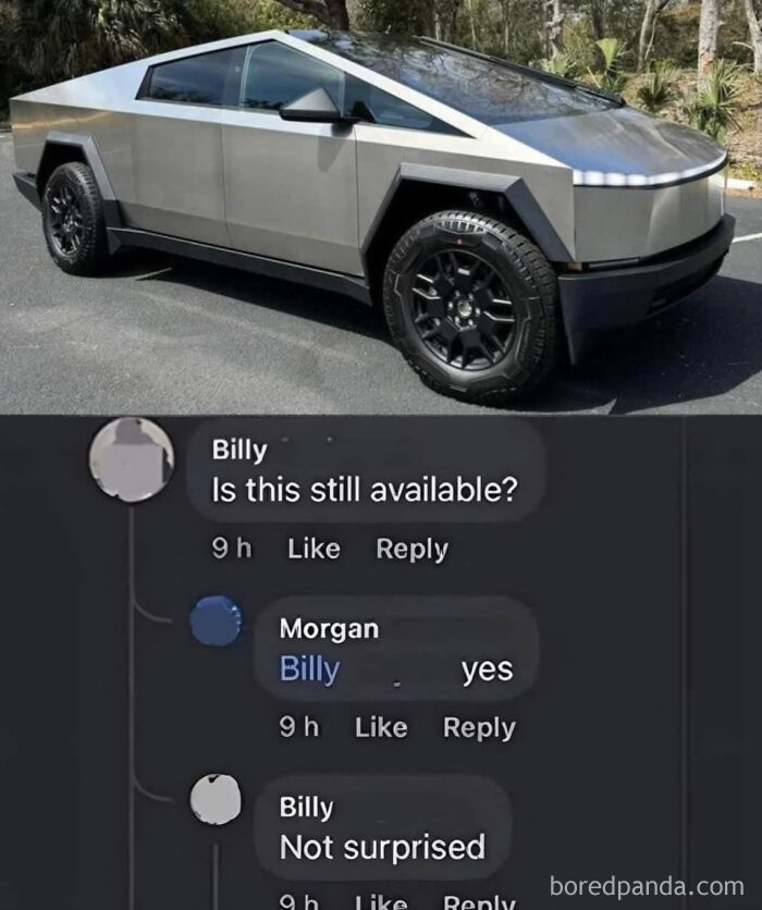 Futuristic car parked; online comments below show an inquiry and response about its availability.