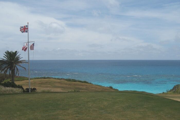 Golf course view with ocean backdrop, featuring palm trees and flags flapping in the wind.