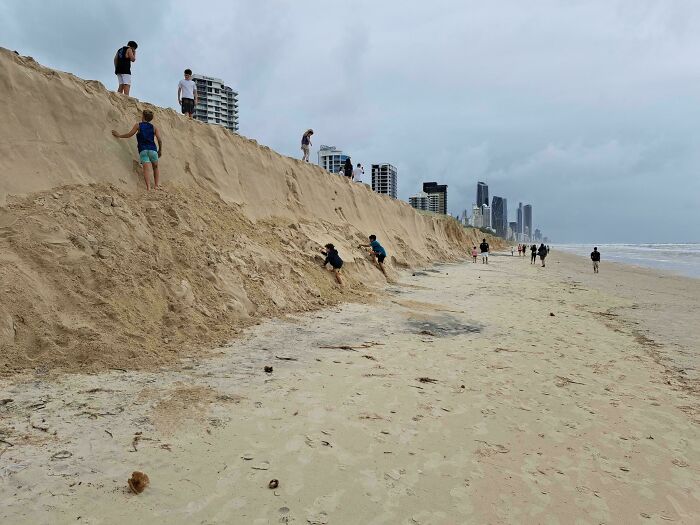 People climbing sand cliff at an Australian beach, with city skyline in the background.