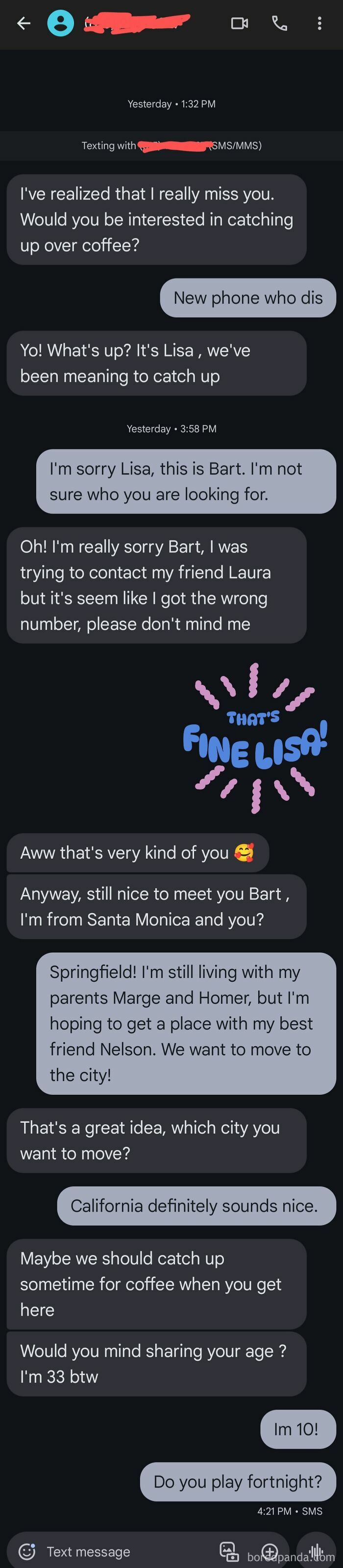 Funny wrong number text exchange with Bart revealing his age as 10 and mentioning parents Marge and Homer.