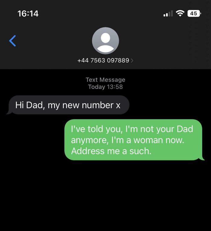 Wrong number text exchange with a humorous response about gender identity.
