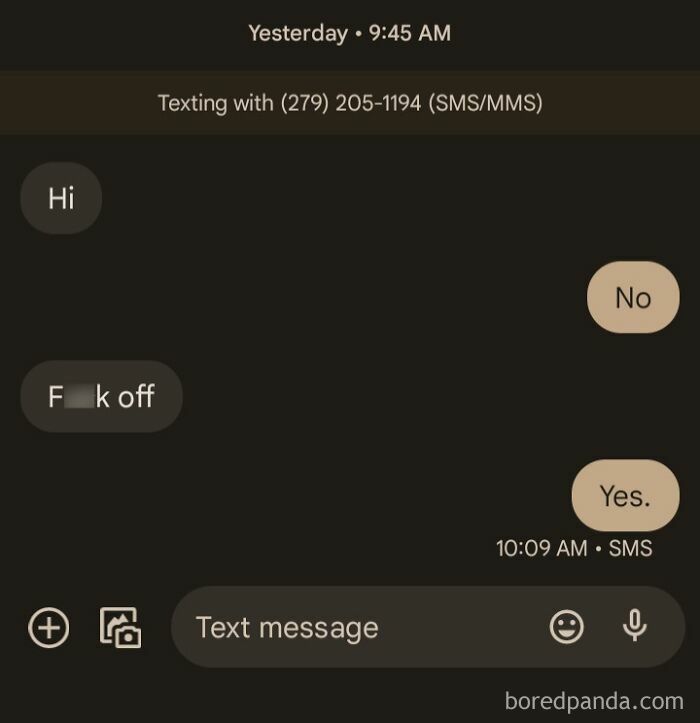Text exchange showing a comical wrong number message with abrupt responses.