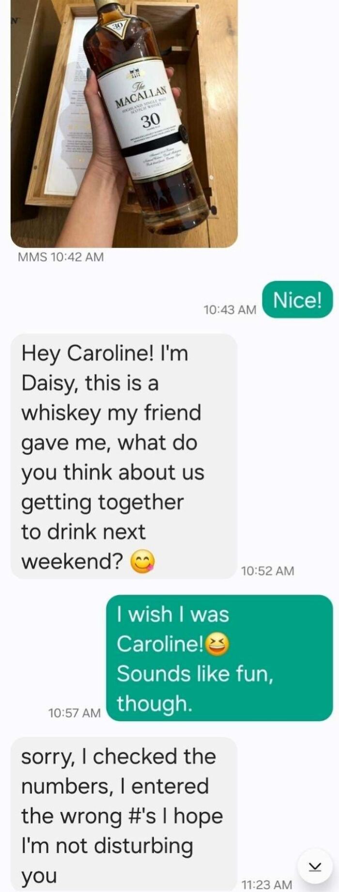 "Funny wrong number text about whiskey gift; conversation reveals mistaken identity."