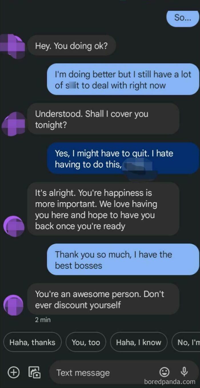 Text message exchange about work challenges in the food service industry, showing understanding and support from a boss.