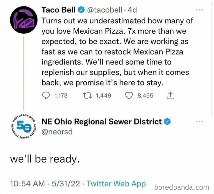 Taco Bell tweet about Mexican Pizza demand in the food service industry, with a humorous reply from Ohio Sewer District.