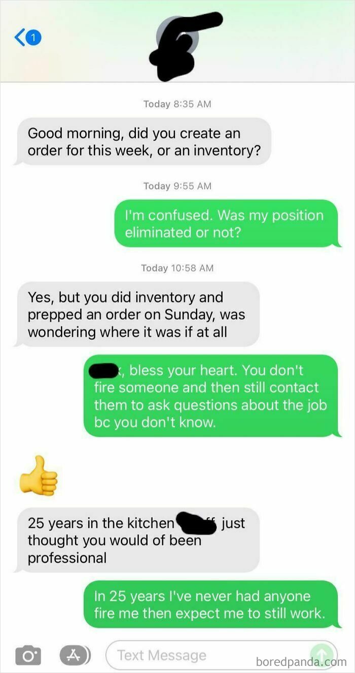 Text exchange highlighting challenges in the food service industry after a worker was fired.