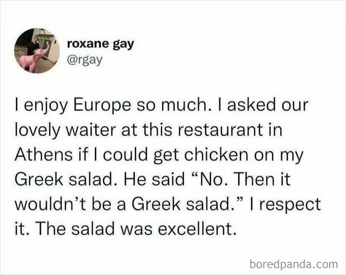 Tweet about food service in Athens; waiter refuses chicken on Greek salad, maintaining authenticity.
