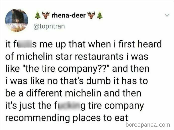 Tweet humorously discussing confusion about Michelin star restaurants and the tire company; related to food service industry.