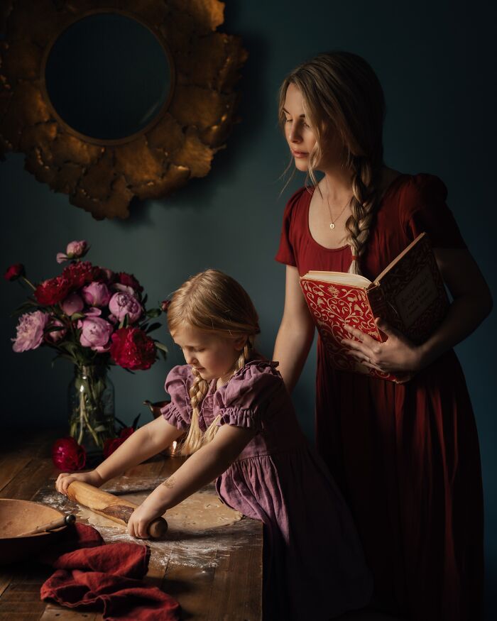 Mother guiding child in baking, capturing the magic of childhood.